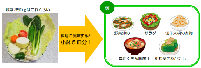 写真:野菜350g 料理に換算すると小鉢5皿分