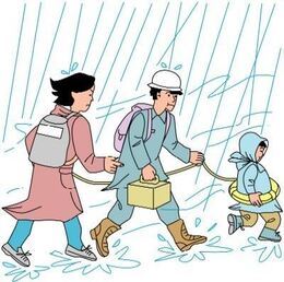 イラスト:洪水で水の中避難する3人家族