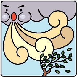 イラスト:台風が大きく息を吹いて木の葉を散らす