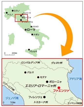 地図:イタリア半島とファエンツァの位置